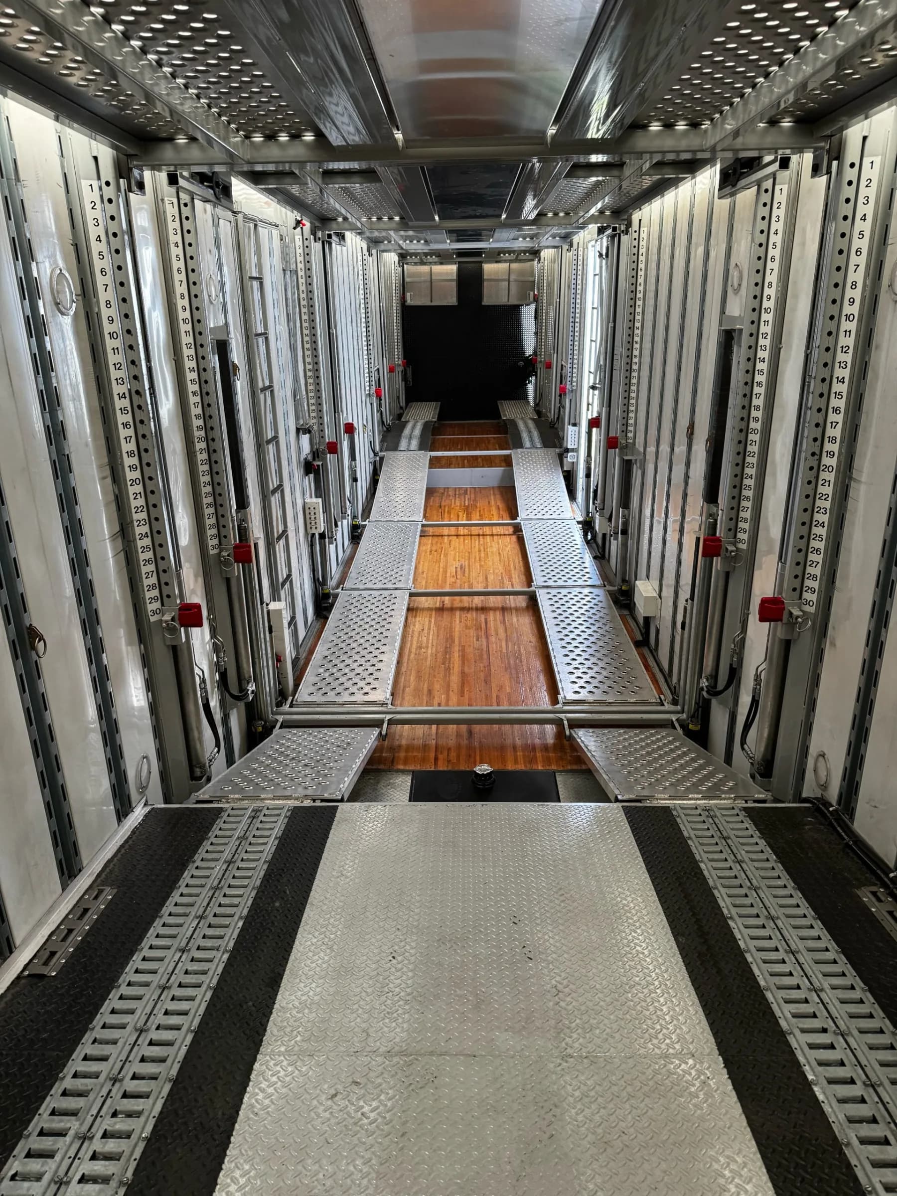 Interior of an enclosed vehicle transport trailer